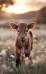 Adorable calf standing amidst a field of blossoms bathed in golden sunlight