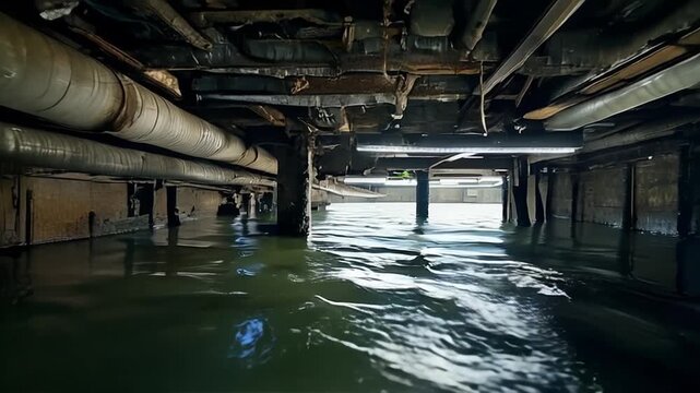 Underwater View of Industrial Piping Beneath a Waterlogged Structure with Calm Water Surface