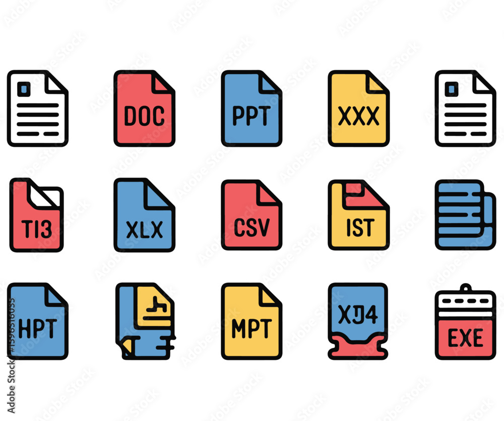 Fototapete Illustration of various file type icons including doc ppt xls csv exe mpt ist hpt and other formats