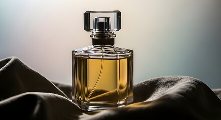 Naklejka premium Luxury Amber Perfume Bottle on Textured Fabric; Elegant, Sensual, and Sophisticated Fragrance Product Photography.