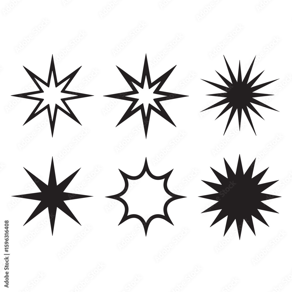 Poster a collection of six black and white starburst shapes arranged in a grid pattern on a white backgroun
