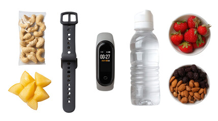 Fitness Tracker and Healthy Snacks: A flat lay of a fitness tracker, healthy snacks like nuts and fruits, and a water bottle, isolated on a Transparent background, PNG file.