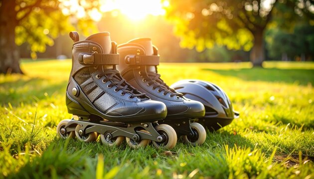 Stylish Inline Skates and Helmet on Grass During Sunset