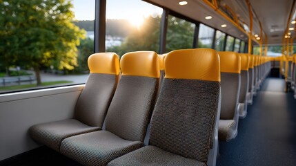 Bright and Empty School Bus Interior with Sunlight Streaming In