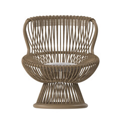Modern Curved Woven Rattan Accent Chair with Grey Cushion 3D Render - Front View Isolated PNG