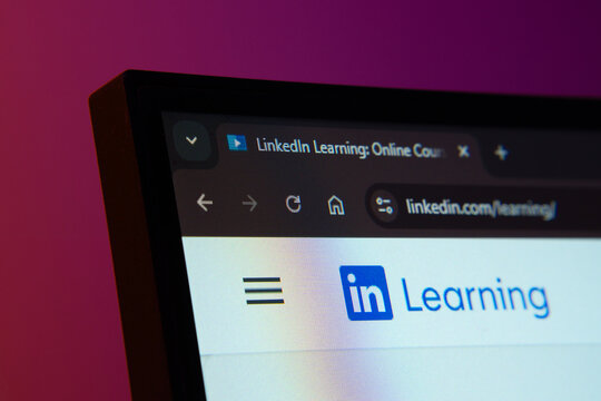 Dhaka, Bangladesh- 02 June 2025: Close-up of a computer screen displaying the Linkedin Learning web interface in dark mode