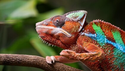 chameleon lizard sitting on branch close up view