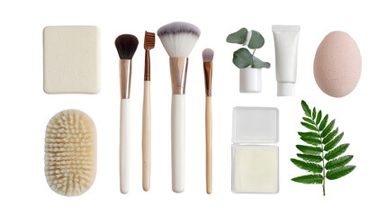 Flat Lay of Beauty Tools and Brushes: A flat lay of makeup brushes, beauty sponges, and skincare products, isolated on a Transparent background, PNG file.