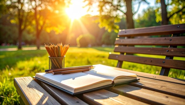 Sunlit Park Scene with Open Book and Colorful Pencils on Table