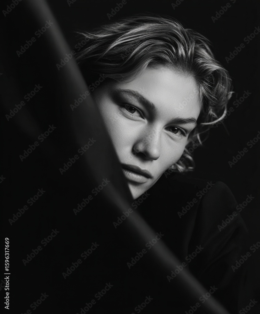 Poster captivating close-up of a person with expressive features against a dark background
