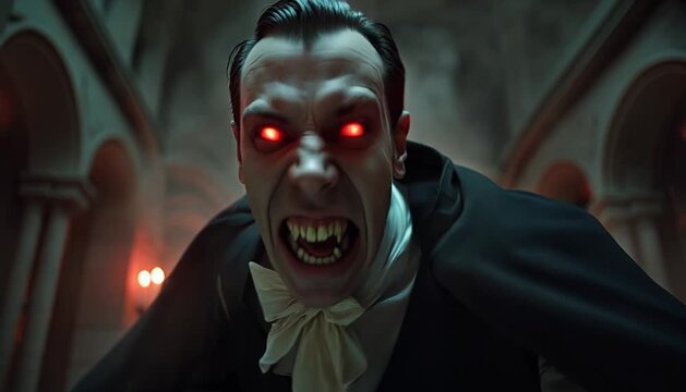 A vampire with glowing eyes and sharp fangs lunges directly at the camera from a gothic hallway, his cape flowing, mouth wide open in a terrifying scream.