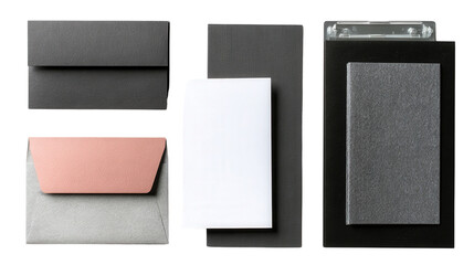 Flat Lay of Business Cards and Documents: A flat lay of business cards and documents, representing professional materials, isolated on a Transparent background, PNG file.