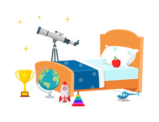 Children's Bedroom with Toys and Telescope Beside Bed in Illustration Style
