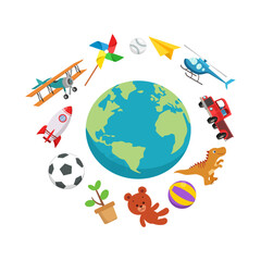 Naklejka premium Earth surrounded by airplane, helicopter, rocket, truck, toy, dinosaur, soccer ball, paper plane