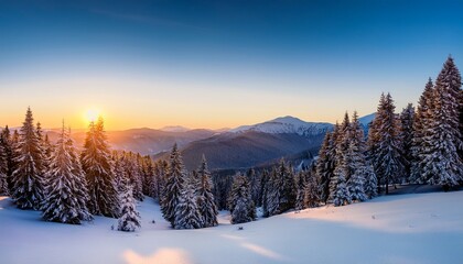 Fototapeta premium snowy mountain landscape at sunrise with pine trees in foreground winter peace