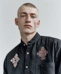 Obraz premium Young man wearing embroidered black shirt poses against a neutral background in studio setting