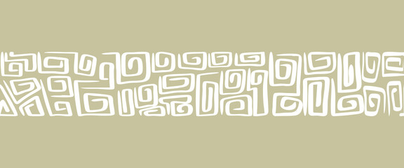 tribal abstract geometric pattern border featuring hand drawn spiral and square shapes in white on a beige background. 
