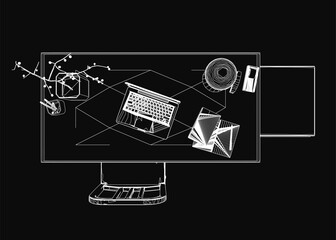 A black and white contour illustration of a computer monitor with keyboard and mouse, arranged neatly on a dark workplace background. The minimalist design highlights essential office equipment.