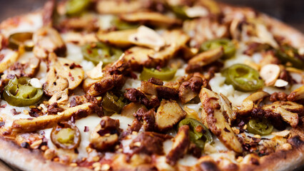 Gyros Pizza with jalapeno pepper and mozzarella cheese. Soft focus. Close up.