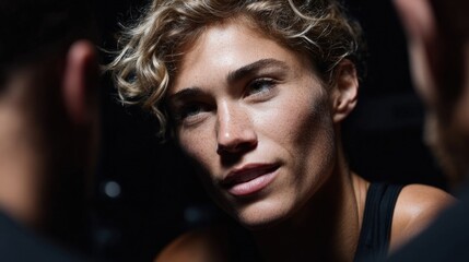 Intense focus and determination in a close conversation before competition in a gym