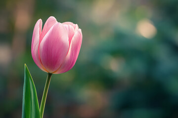 Obraz premium Close detailed view of realistic pink tulip blooming on slender stem