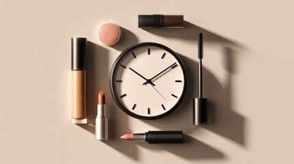 Desk clock surrounded by makeup products