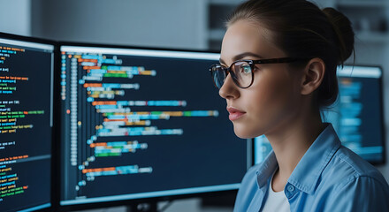 Focused Female Software Developer Reviewing Code on a Large Monitor with Glasses Wearing a Blue Shirt