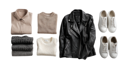 Flat Lay of Fashionable Apparel and Shoes: A flat lay of fashionable apparel and shoes like jackets and sneakers, isolated on a Transparent background, PNG file.