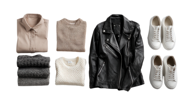 Flat Lay of Fashionable Apparel and Shoes: A flat lay of fashionable apparel and shoes like jackets and sneakers, isolated on a Transparent background, PNG file.