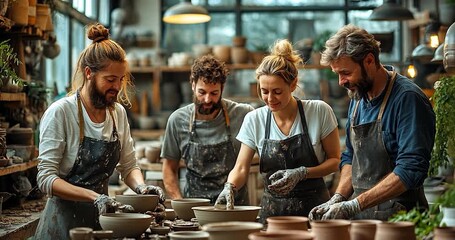 Four People in Pottery Aprons Working on Handmade Ceramic Tableware in a Workshop Setting