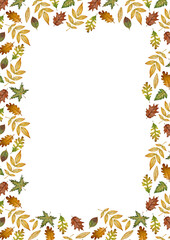 Watercolor autumn leaves frame with transparent background. Hand-painted fall foliage border ideal for fall-themed greeting cards, invitations, posters, flyers, digital projects, stationery 