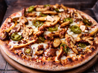 Gyros Pizza with jalapeno pepper and mozzarella cheese. Soft focus. Close up.