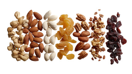 Flat Lay of Healthy Snacks and Nuts: A flat lay of healthy snacks like almonds, walnuts, and dried fruit, isolated on a Transparent background, PNG file.