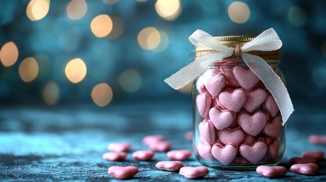 Pink hearts in a glass jar