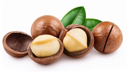 macadamia nuts with leaf isolated on white background full depth of field