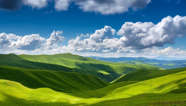 a background of rolling green hills under a clear blue sky with fluffy clouds