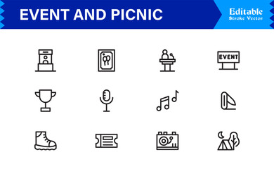 Event and Picnic Party Symbols – Professional Modern Line Icon Pack with Unique Vector Style for Festive, Outdoor, and Community Activities