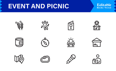 Event and Picnic Party Symbols – Professional Modern Line Icon Pack with Unique Vector Style for Festive, Outdoor, and Community Activities