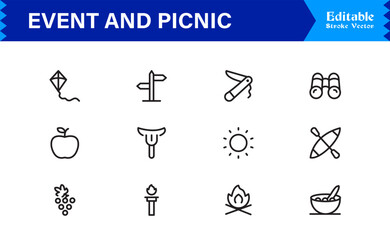 Event and Picnic Party Symbols – Professional Modern Line Icon Pack with Unique Vector Style for Festive, Outdoor, and Community Activities