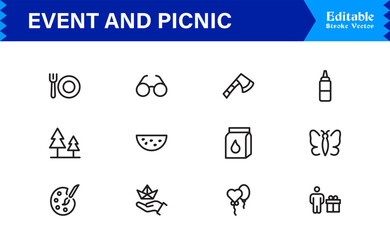 Event and Picnic Party Symbols – Professional Modern Line Icon Pack with Unique Vector Style for Festive, Outdoor, and Community Activities