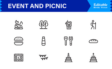 Event and Picnic Party Symbols – Professional Modern Line Icon Pack with Unique Vector Style for Festive, Outdoor, and Community Activities
