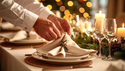 Elegant Table Setting for Holiday Dinner with Festive Decorations