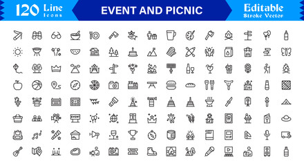 Event and Picnic Party Symbols – Professional Modern Line Icon Pack with Unique Vector Style for Festive, Outdoor, and Community Activities