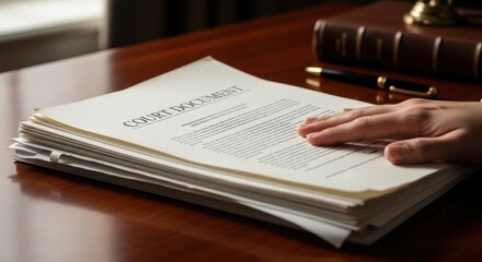Subpoena - A stack of legal documents with the top showing "Court Document," accompanied by a partial hand resting on the papers, suggests a serious legal context.