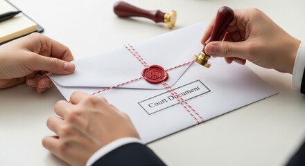 Subpoena - Hands carefully seal an envelope labeled "Court Document" on a white desk, illustrating a professional legal process in a minimalist workspace.