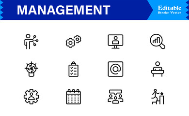 Management Icon Set Featuring Business, Leadership, and Teamwork Symbols in Vector Style