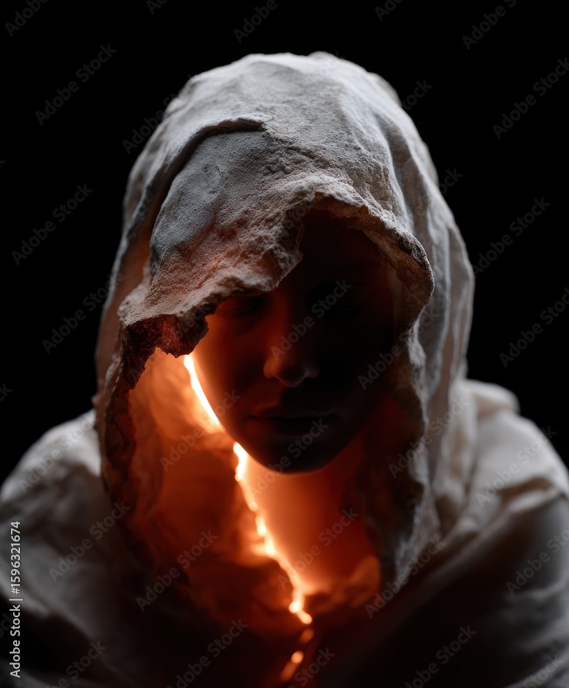 Poster mysterious figure in a cloak illuminated from within creates a haunting atmosphere