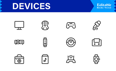 Modern Devices Icon Set Featuring Smartphones, Tablets, Laptops, and Wearables in Vector Style