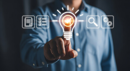Business Innovation and Strategy Concept Featuring a Person Touching a Lightbulb Icon with Checklist Document and Magnifying Glass