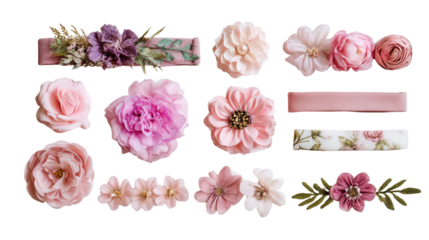 Floral Hair Accessories: A flat lay of floral hair accessories like headbands and clips, isolated on a Transparent background, PNG file.